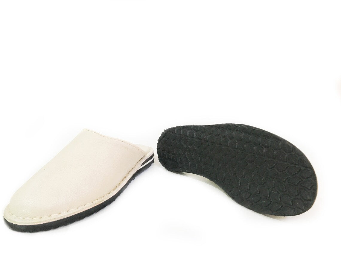 Babouche style mule Berbère Traditionnelle - Bout Rond - Cuir Blanc