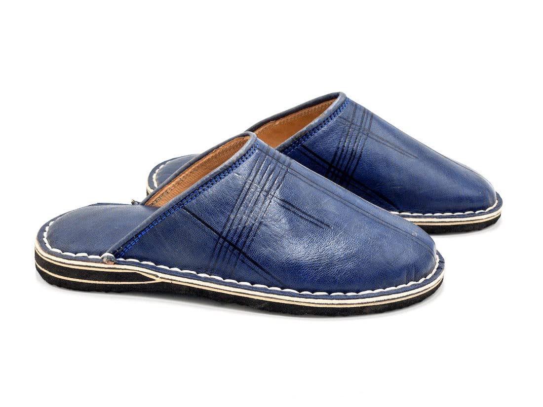 Babouche style mule Berbère Traditionnelle - Bout Rond - Cuir Bleu