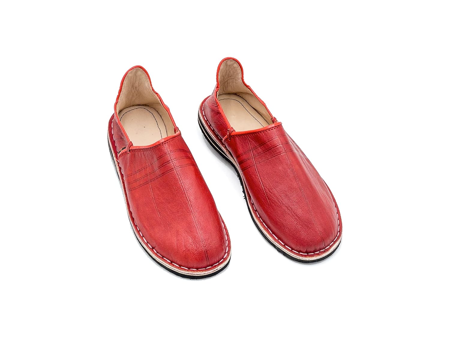 Babouche Berbère Authentique - Extrémité Arrondie - En Cuir Rouge