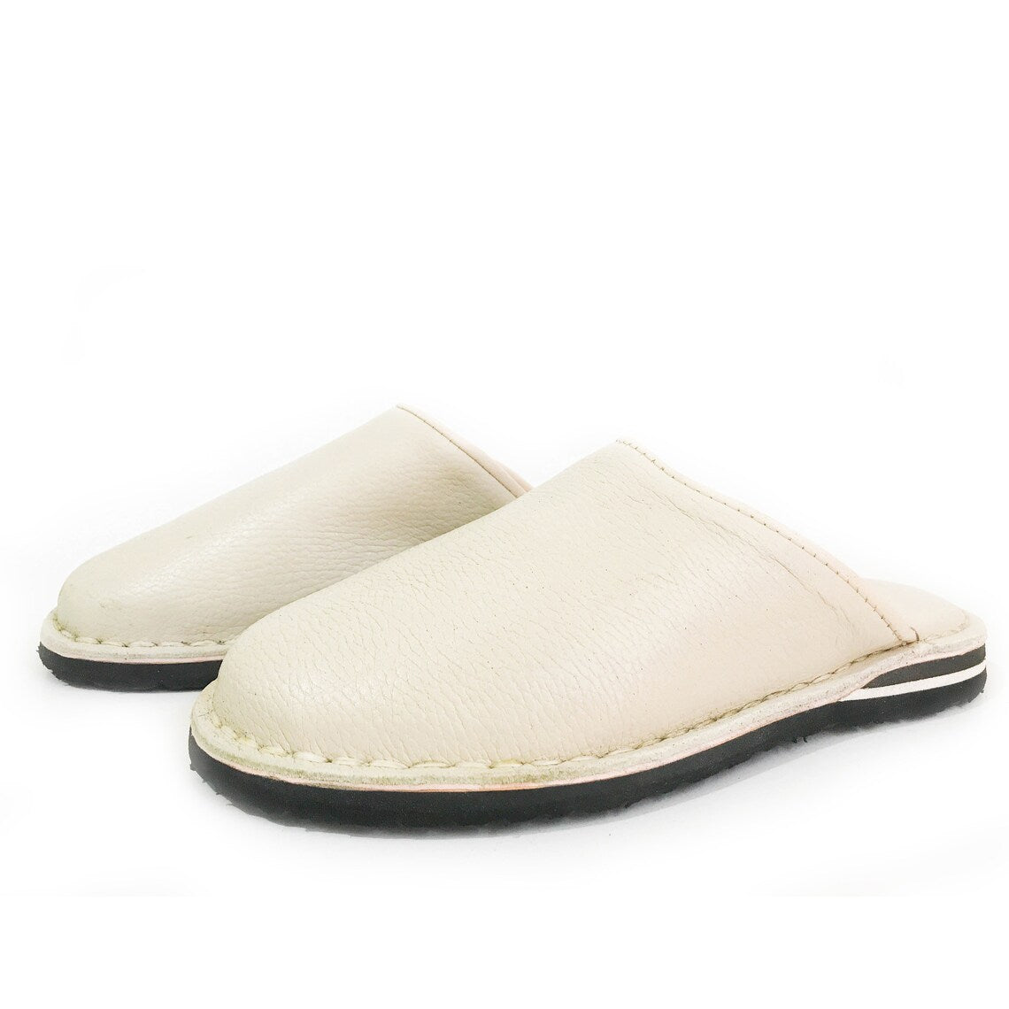 Babouche style mule Berbère Traditionnelle - Bout Rond - Cuir Blanc