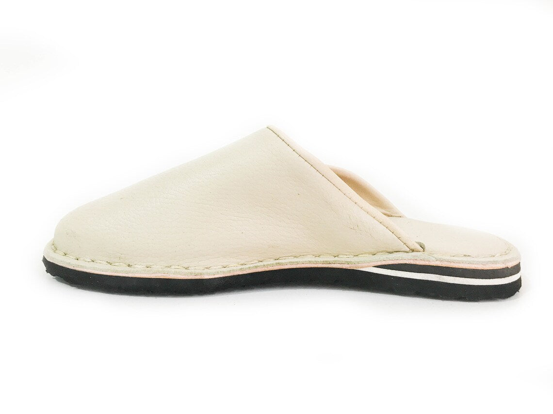 Babouche style mule Berbère Traditionnelle - Bout Rond - Cuir Blanc