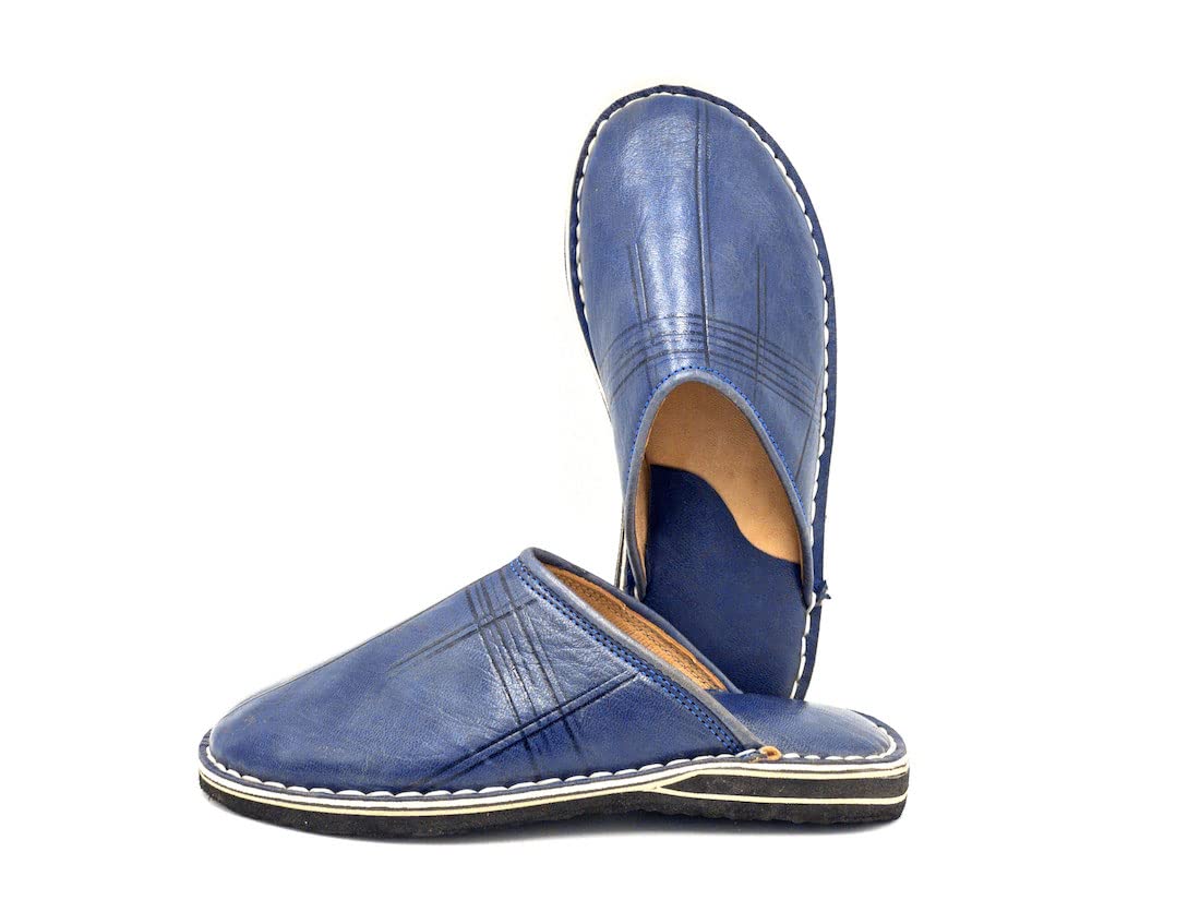 Babouche style mule Berbère Traditionnelle - Bout Rond - Cuir Bleu