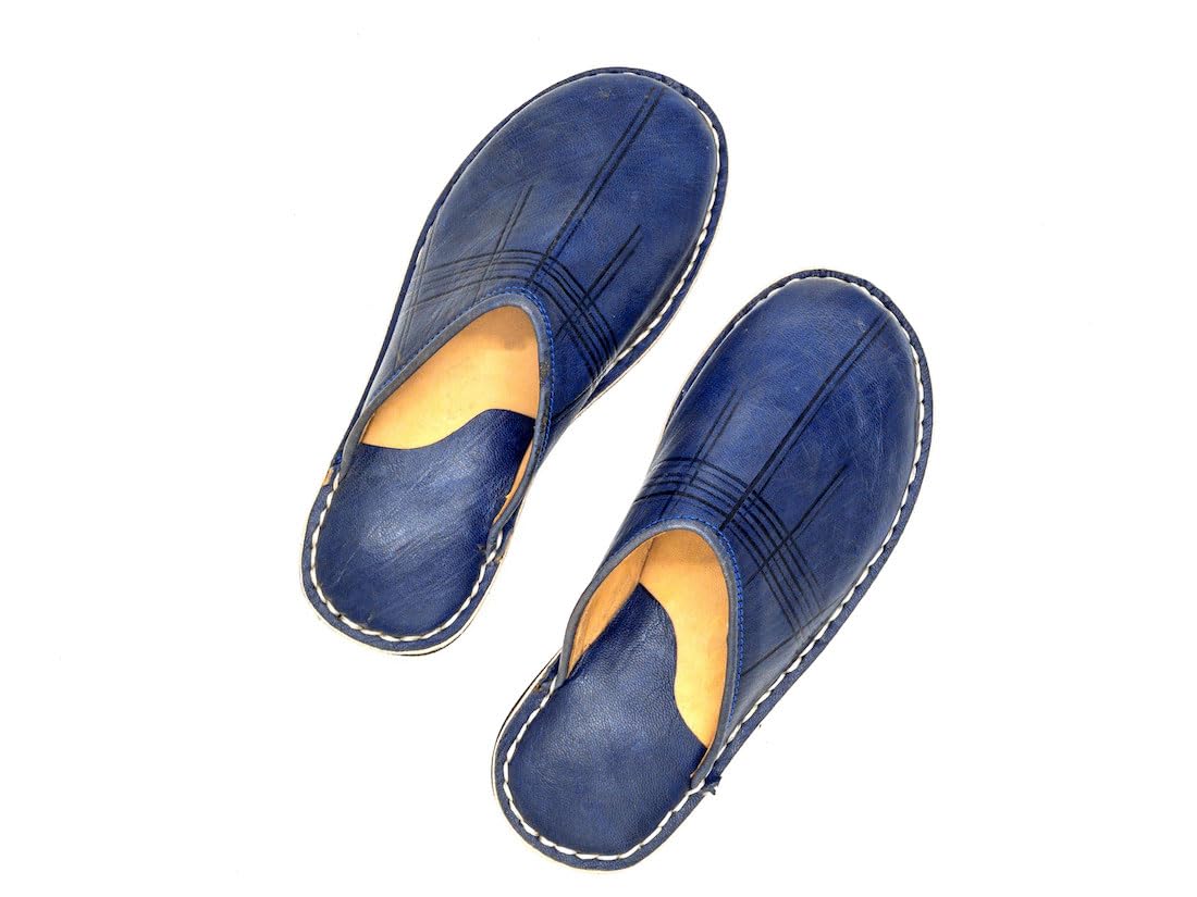 Babouche style mule Berbère Traditionnelle - Bout Rond - Cuir Bleu