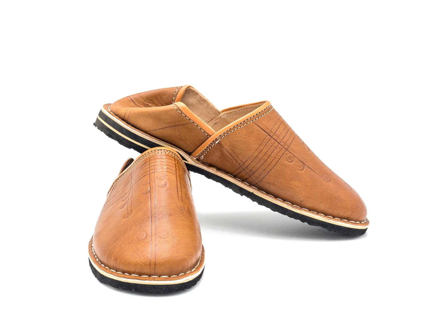 Babouche Berbère Authentique - Extrémité Arrondie - En Cuir Marron camel