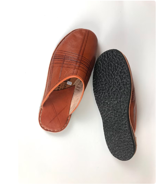 Babouche style mule Berbère Traditionnelle - Bout Rond - Cuir Marron Camel