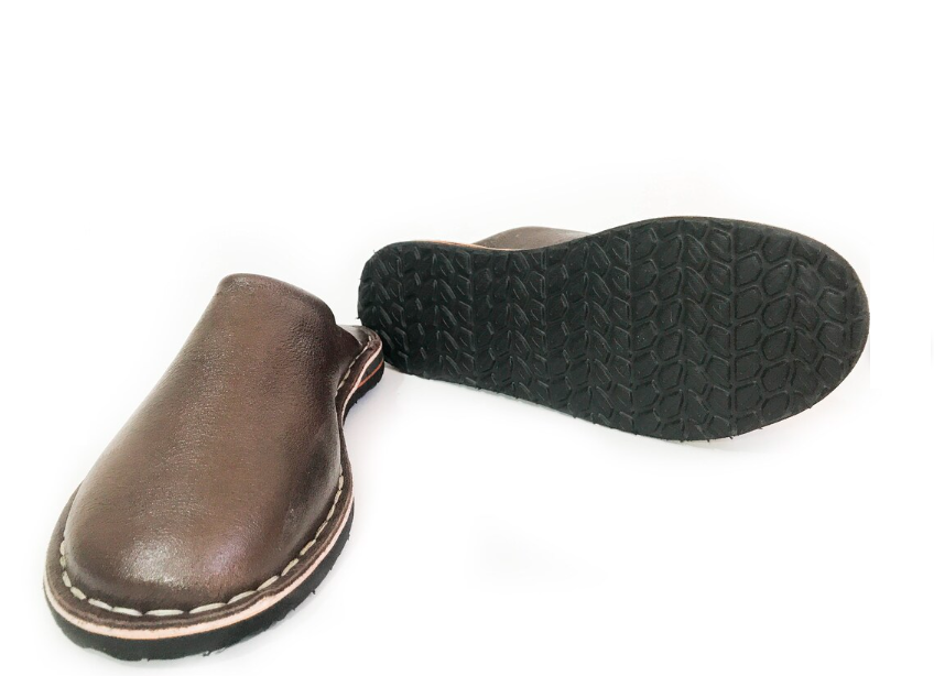 Babouche style mule Berbère Traditionnelle - Bout Rond - Cuir Marron Foncé