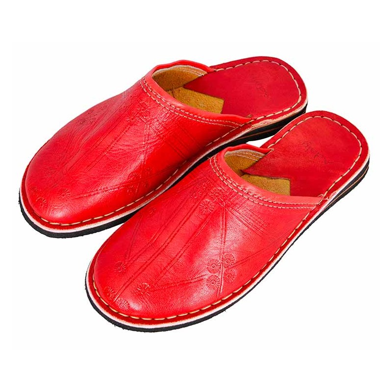 Babouche style mule Berbère Traditionnelle - Bout Rond - Cuir Rouge