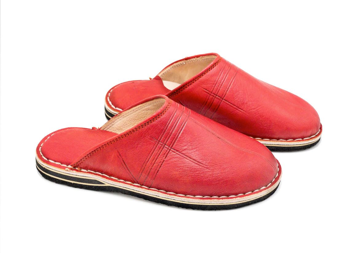 Babouche style mule Berbère Traditionnelle - Bout Rond - Cuir Rouge