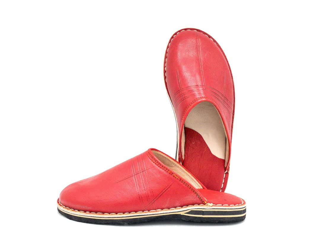 Babouche style mule Berbère Traditionnelle - Bout Rond - Cuir Rouge