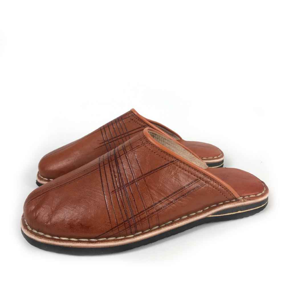 Babouche style mule Berbère Traditionnelle - Bout Rond - Cuir Marron Camel