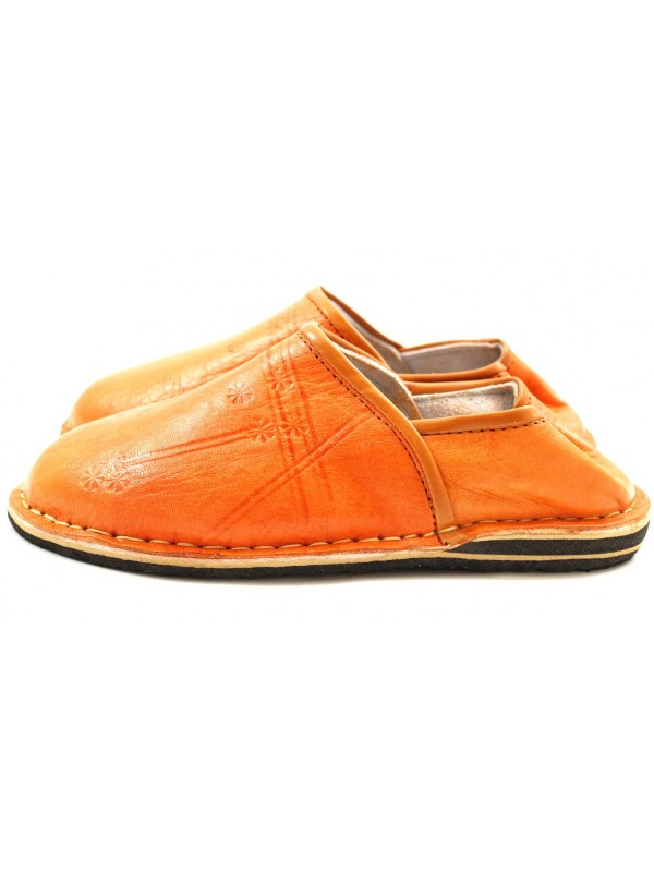 Babouche Berbère Traditionnelle - Bout Rond - Cuir Orange